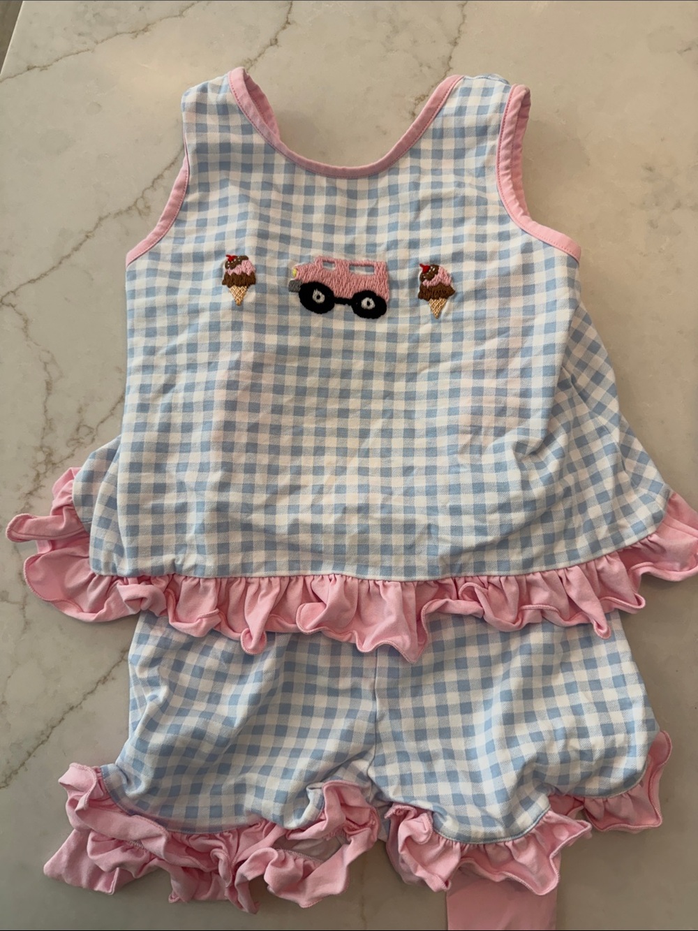 Blue Gingham Pink Trim Girls' Ruffle Set - Ice Cream & Truck Embroidery